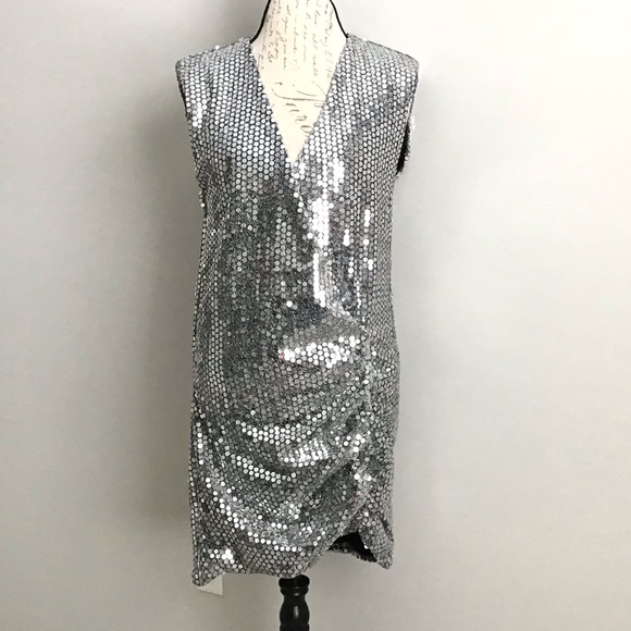 ZARA Draped Silver Sequin Dress - Picture 9 of 16